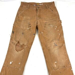 Carhartt Double Knee Work Pants Mens 33x32 Relaxed Fit Brown Paint Stains